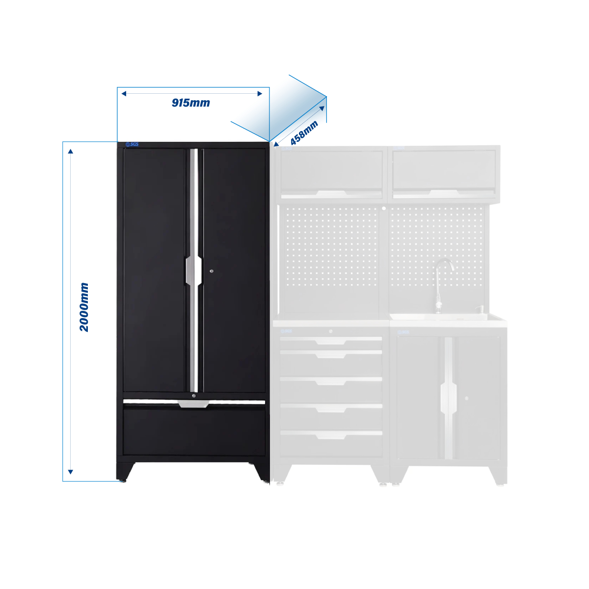 SGS 7pc Garage Storage System | 5 Drawers | Stainless Steel Worktop | Sink Unit | 2x Upper Cabinets | Tall Double Cabinet | Tall Double Cabinet with Drawer